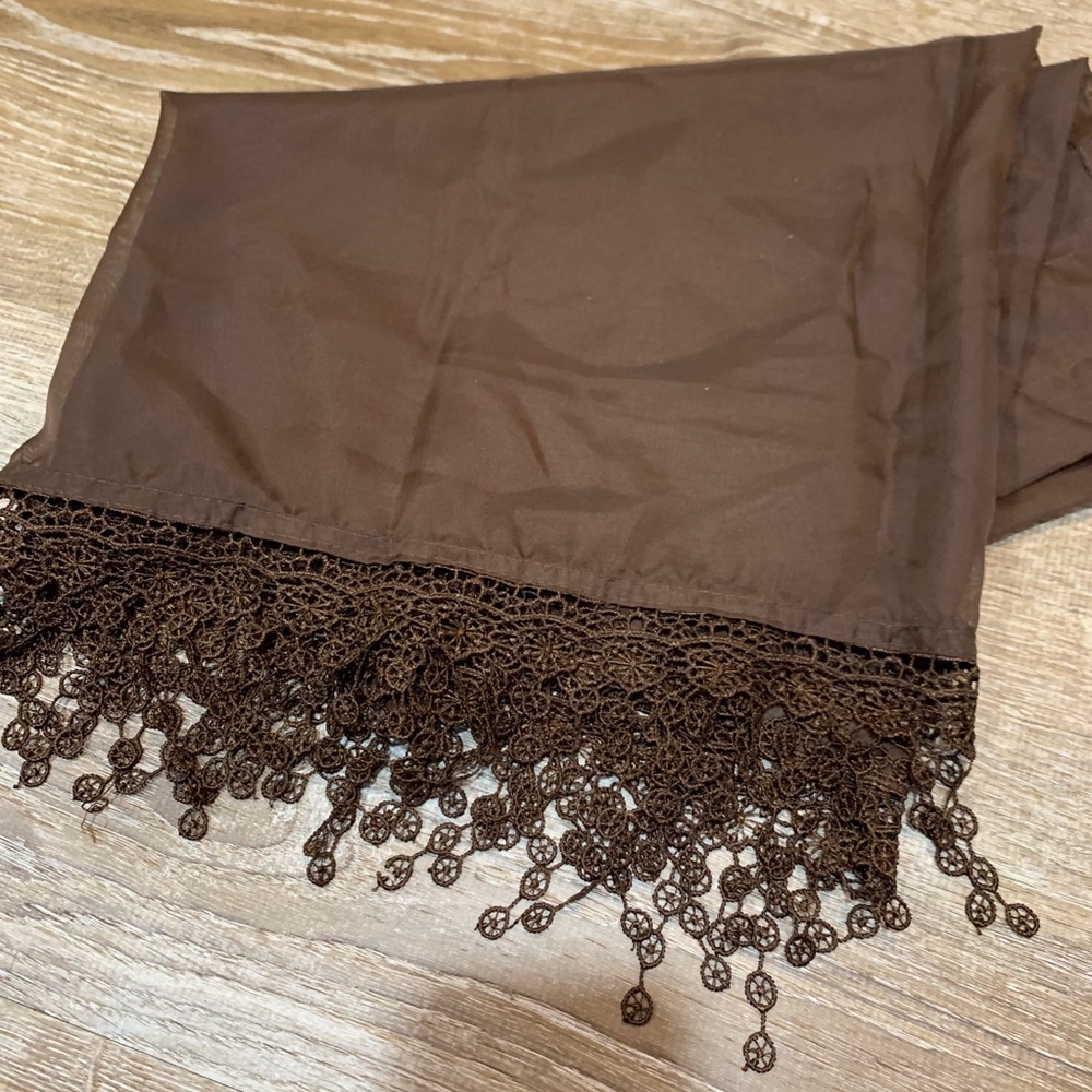 Sheer Brown Curtain Valences with Fringe.